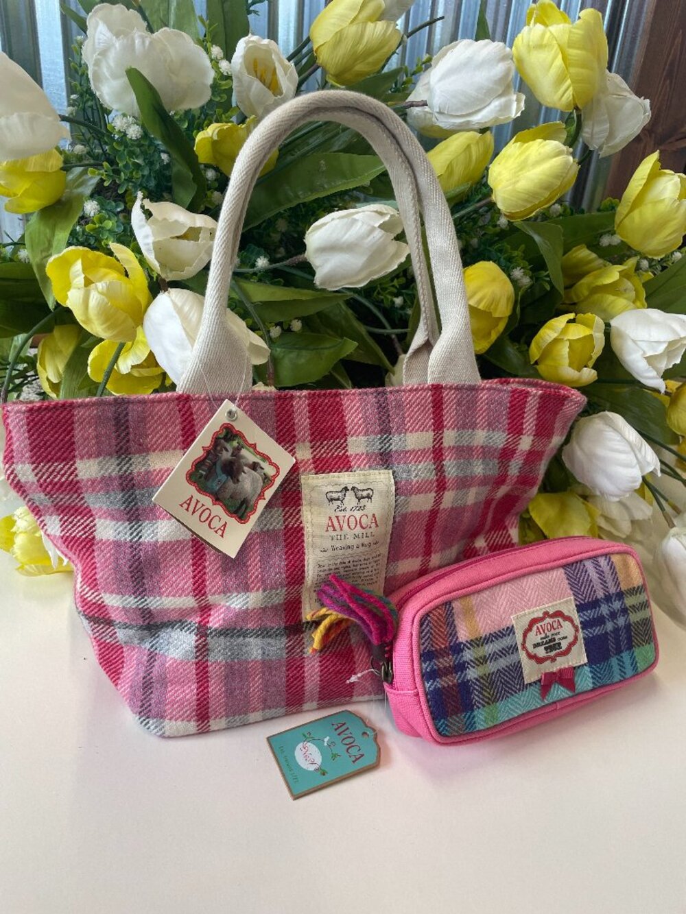 COLORFUL PLAID TOTE BAG AND PENCIL BAG
